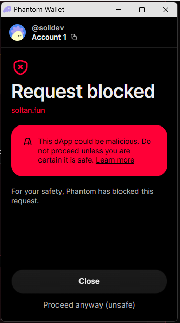 Example of a Phantom security warning shown during a Soltan transaction